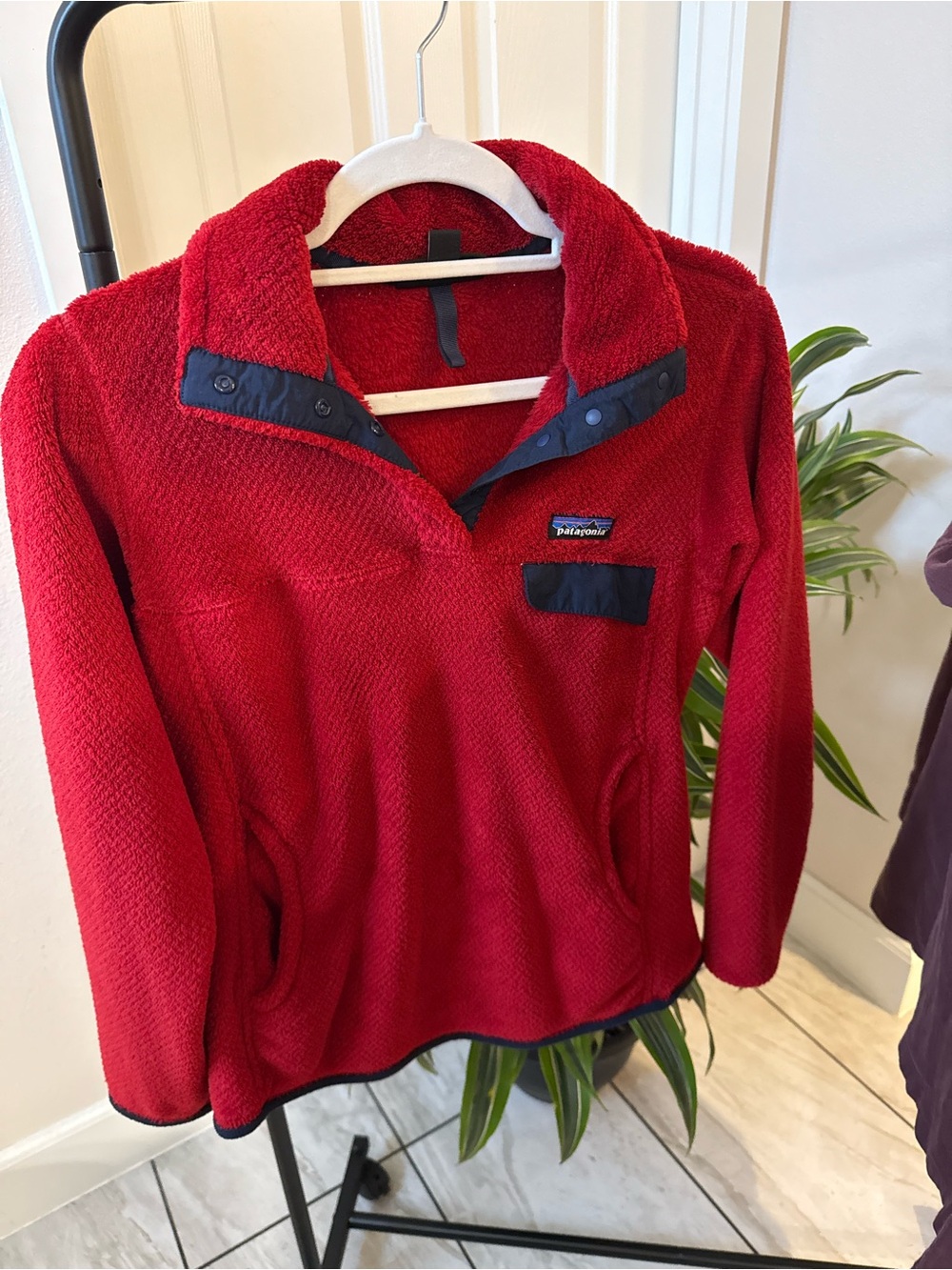 Patagonia Red Fleece Pullover with Navy Accents